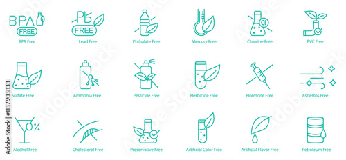 Extensive Non-Toxic Icon Set – BPA, Lead, Methylate, Mercury, Chlorine, PVC, Sulfate, Ammonia, Pesticide, Herbicide, Hormone, Asbestos, Alcohol, Cholesterol, Preservatives, Artificial Colors 