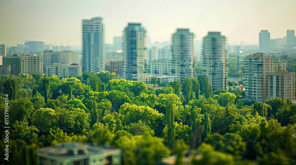 Fototapeta premium A soft-focus urban background with skyscrapers and trees.