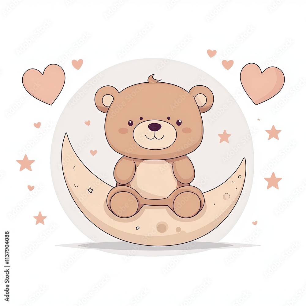 Fototapeta premium Teddy bear decorative romantic Cute bear sitting on a moon surrounded by hearts and stars in a soft pastel design.