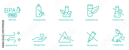 Comprehensive Free-From Icon Set – BPA, Ammonia, Preservatives, Herbicide, Chlorine, Asbestos, Allergen, Aluminum, Silicon, and Cruelty Free Vector Icons