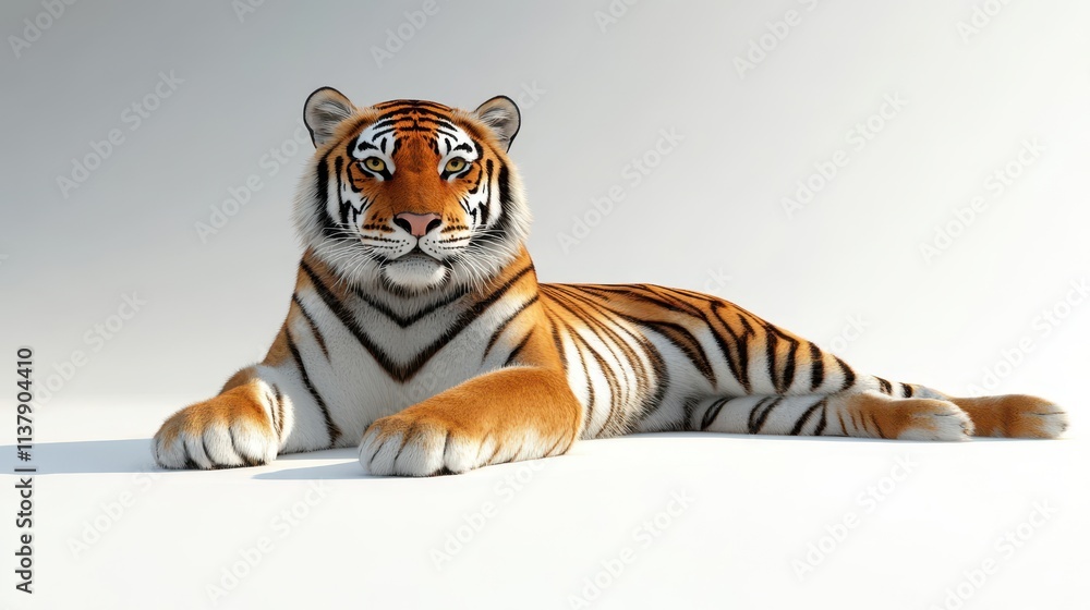 Obraz premium A realistic rendering of a tiger lounging, showcasing its distinctive orange fur and black stripes against a light background.