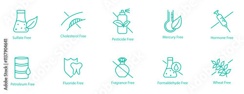Health-Conscious and Eco-Friendly Icon Set – Sulphate, Cholesterol, Pesticide, Mercury, Hormone, Petroleum, Fluoride, Fragrance, Formaldehyde, and Wheat Free Vector Icons