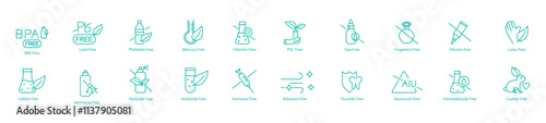 Complete Chemical-Free Icon Set – BPA, Lead, Phthalate, Mercury, Chlorine, PVC, Dye, Fragrance, Silicon, Latex, Sulphate, Ammonia, Pesticide, Herbicide, Hormone, Asbestos, Fluoride, Aluminium 