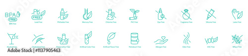 Comprehensive Free-From Icon Set – BPA, Lead, Phthalate, Mercury, Chlorine, PVC, Dye, Fragrance, Silicon, Latex, Alcohol, Cholesterol, Preservatives, Artificial Colors, Artificial Flavors, Petroleum,
