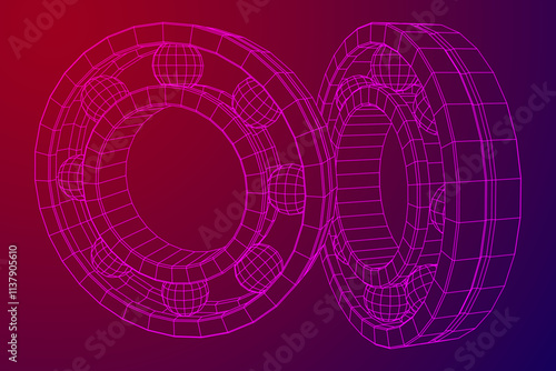 Roller bearing. Circular round rotating bearings used in industry for heavy equipment mechanical work and engineering. Wireframe low poly mesh vector illustration.