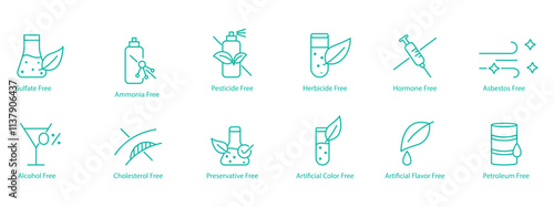 Complete Free-From Icon Set – Sulfate, Ammonia, Pesticide, Herbicide, Hormone, Acidosis, Alcohol, Cholesterol, Preservatives, Artificial Colors, Artificial Flavors, and Petroleum Free Vector Icons