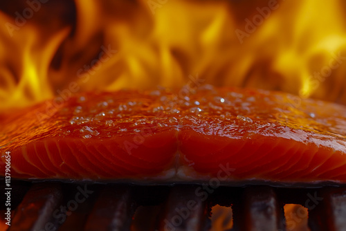 Close-up of salmon fillets grilled on a barbecue with flames glowing in the background, showing a crispy, charred texture. photo