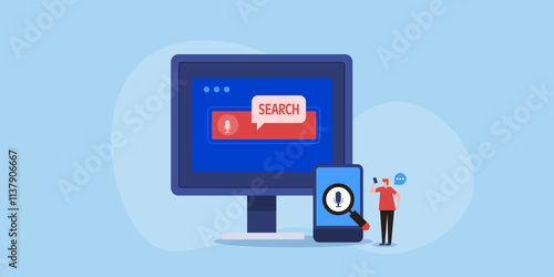 Voice search assistant and speech recognition software app on digital device, man character interacting with voice AI.