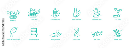 Safe and Natural Icon Set – BPA, Lead, Phthalate, Mercury, Chlorine, PVC, Artificial Flavor, Petroleum, Allergen, Odor, VOC, and Wheat Free Vector Icons