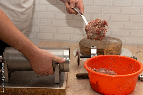 fresh, meat, food, pork, sausage, beef, person, traditional, raw, work, making, sausages, butcher, production, hanging, home, delicious, fat, red, gourmet, butchery, german, filler, wooden, culture, f