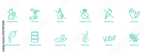 Eco-Conscious Icon Set – Chlorine, PVC, Dye, Fragrance, Silicon, Latex, Artificial Flavors, Petroleum, Allergen, Odor, VOC, and wheat Free Vector Icons