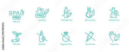 Safe and Non-Toxic Icon Set – BPA, Lead, Tapalate, Mercury, Chlorine, PVC, Dye, Fragrance, Silicon, and Latex Free Vector Icons