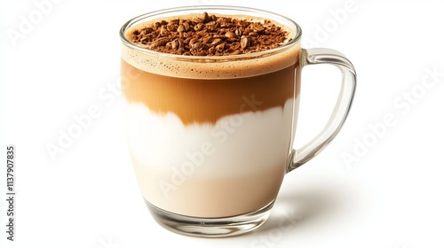 A delightful cup of Korean Dalgona coffee sits on a white surface, boasting layers of frothy coffee, fresh milk, and instant coffee granules. The glass reveals the perfect balance of flavors