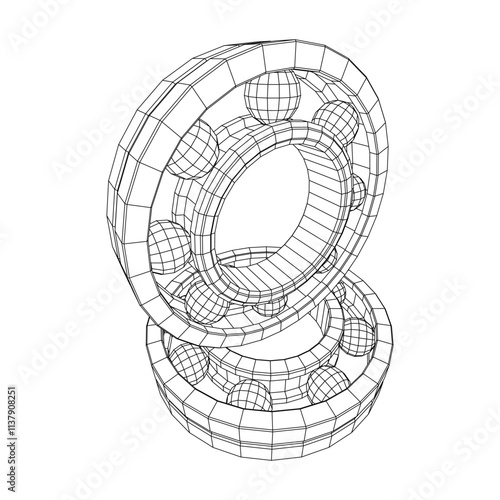 Roller bearing. Circular round rotating bearings used in industry for heavy equipment mechanical work and engineering. Wireframe low poly mesh vector illustration.