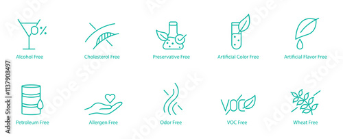 Comprehensive Free-From Icon Set – Alcohol, Cholesterol, Preservatives, Artificial Colors, Artificial Flavors, Petroleum, Allergen, Odor, VOC, and Wheat Free Vector Icons