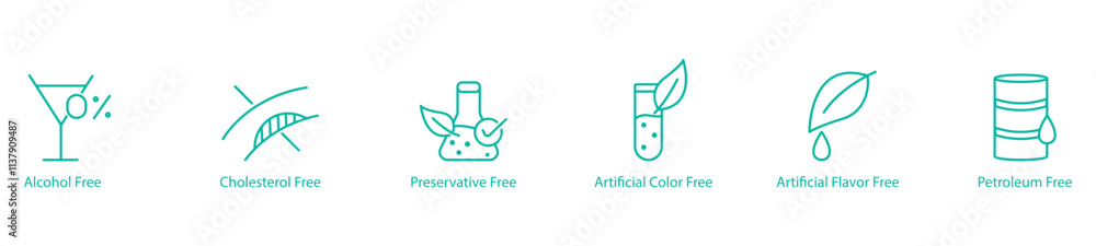 Fototapeta premium Health-Conscious Icon Set – Alcohol, Cholesterol, Preservatives, Artificial Colors, Artificial Flavor, and Petroleum Free Vector Icons