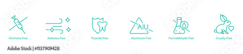 Ethical and Non-Toxic Icon Set – Hormone, Asbestos, Fluoride, Aluminum, Formaldehyde, and Cruelty Free Vector Icons