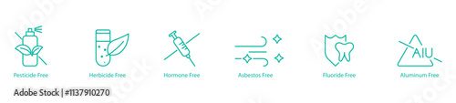 Chemical-Free Icon Set – Pesticide, Herbicide, Hormone, Asbestos, Fluoride, and Aluminum Free Vector Icons