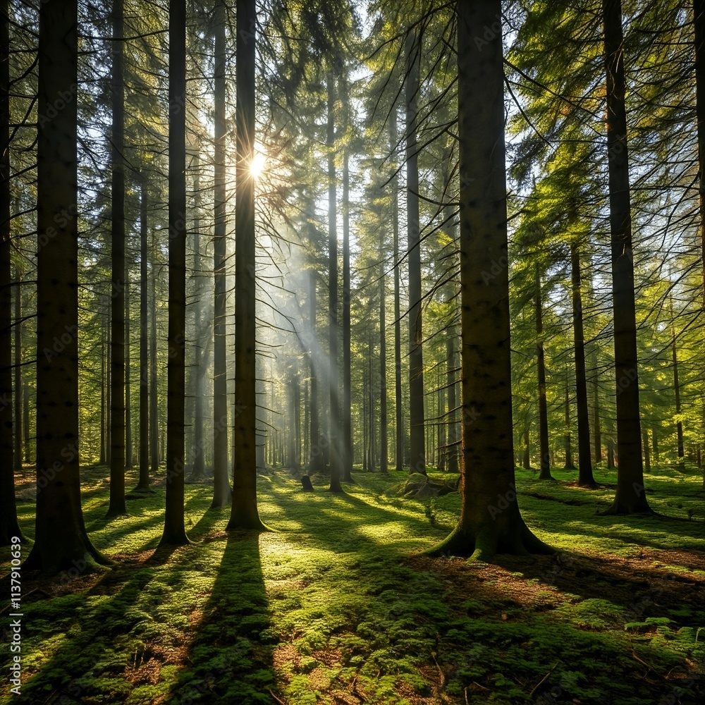 Obraz premium A serene woodland path surrounded by tall pine trees, with sunlight filtering through the leaves. The vibrant green foliage and soft autumn fog create a peaceful atmosphere in the changing seasons.