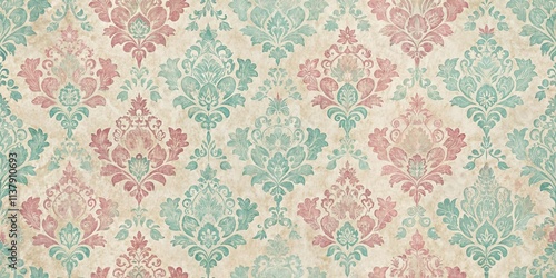 Elegant Damask Pattern in Dusty Rose and Teal on Antique Paper Background