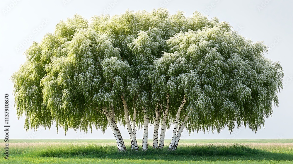 Fototapeta premium Blooming Birch Trees in Spring Meadow Landscape