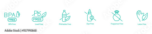 Non-Toxic Icon Set – BPA, Lead, Methylate, Dye, Fragrance, and Latex Free Vector Icons