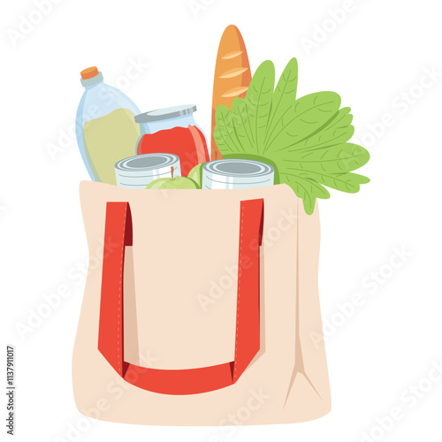 Textile shopping package full of fresh healthy food vector flat illustration. Canvas bag with handle filling groceries.