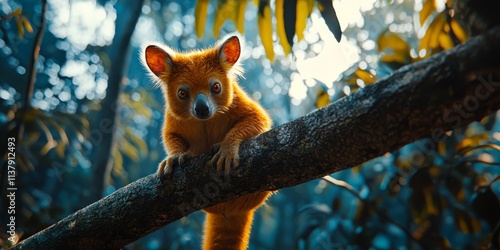 Adorable Tree Kangaroo on Branch Rainforest Wildlife photo