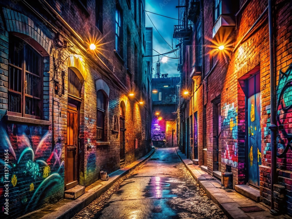 Fototapeta premium Urban Exploration Wallpaper: Dark Alleyway, Grunge, Graffiti, Industrial, Abandoned, Cityscape, Night Photography, Street Art, Cool Wallpapers