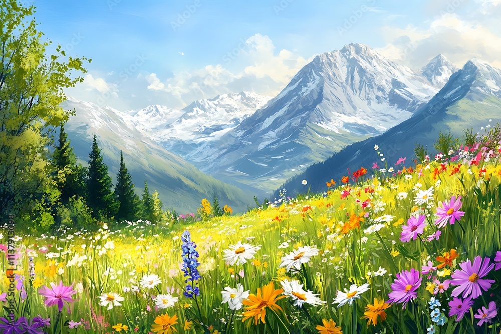 Fototapeta premium Colorful Wildflower Meadow with Mountain Views