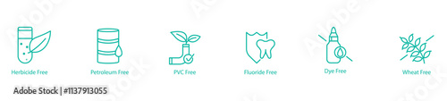 Herbicide, Petroleum, PVC, Fluoride, Dye, and Wheat Free Vector Icons