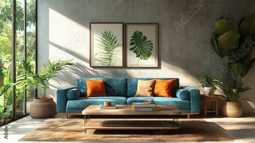 Modern Living Room with Tropical Plants and Stylish Sofa in Natural Light