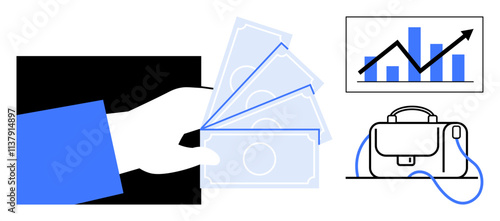 Hand holding cash, upward graph with bars and arrow, work briefcase conveying financial growth and business investment themes. Ideal for finance, business presentations, startups, economic reports