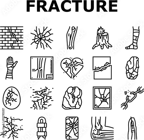 fracture bone break injury icons set vector. healing cast, splint pain, trauma orthopedic ray, diagnosis, treatment, recovery fracture bone break injury black contour illustrations
