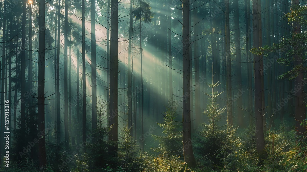 Fototapeta premium Sunlight beams through the trees of a misty forest.