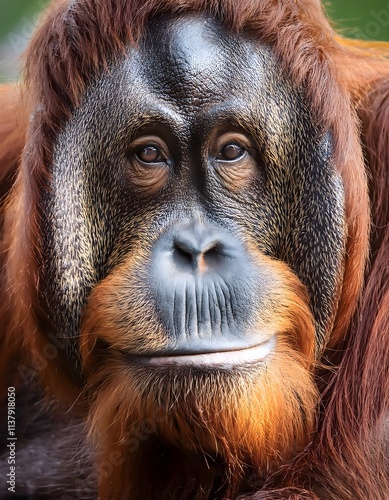 Extreme close-up of an orangutan's face, kind and soulful brown eyes, and detailed fur, soft natural light illuminating its features.