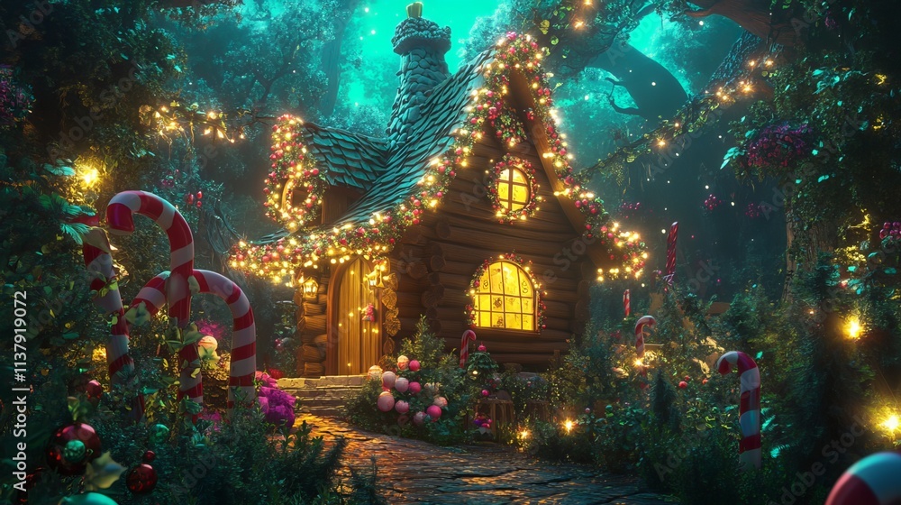 Fototapeta premium A stunning Christmas scene featuring a log house adorned with twinkling lights, nestled within a fantastical forest. Cartoonish spruces