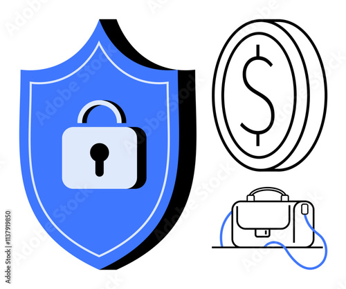 Shield with integrated lock symbol alongside a dollar coin and briefcase. Ideal for financial security, banking, investment, insurance, cybersecurity, fraud prevention, savings. Line metaphor