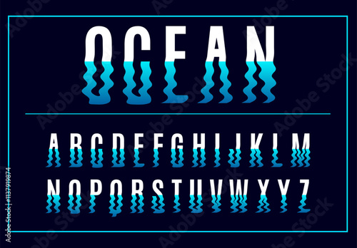 Wavy liquid font. Letters and numbers going under water. Soft lines silhouettes. Smooth zigzag contours. Ripple effect alphabet. Typography typeset. Vector Distorted alphabetical icons set