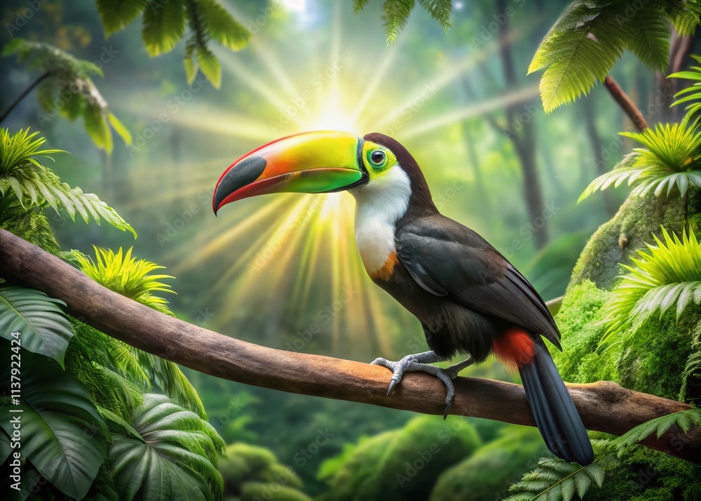 Obraz premium Vibrant Toucan Bird on Branch, Tropical Rainforest, Wildlife Photography, Rule of Thirds Composition, Colorful Bird Image