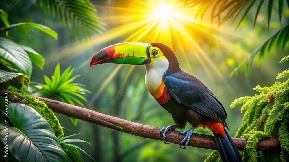 Obraz premium Vibrant Toucan on Branch, Bokeh Background, Tropical Bird, Rainforest Landscape Photography