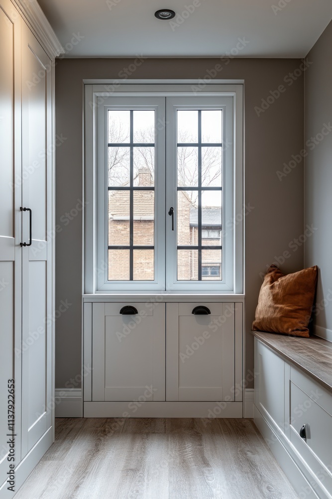 Fototapeta premium Light-filled hallway with window seat, built-in storage, and wooden floor.