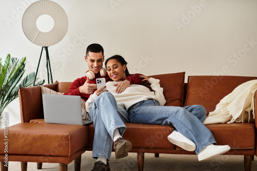 A couple basks in warmth and love while relaxing in their cozy apartment.