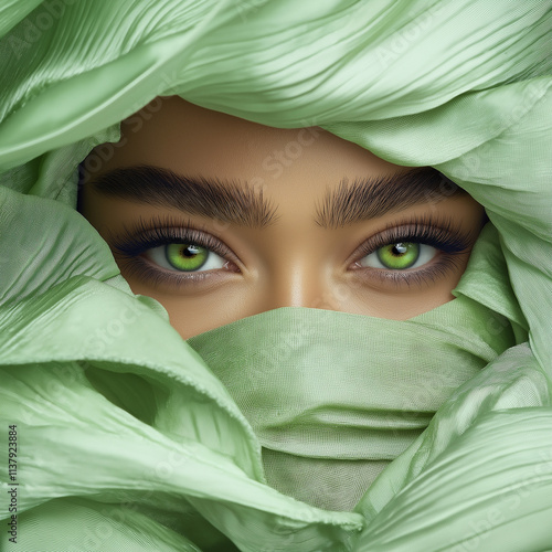 The mysterious green eyes of a woman in light mint fabric with an emerald look framed by thick eyebrows and eyelashes create an atmosphere of mystery, beauty and oriental style. photo