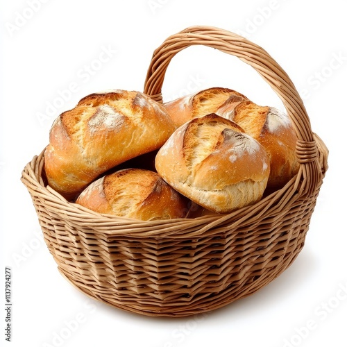 Freshly baked breads (buns, croissants, baguette, cereal bread) in basket isolated on white background