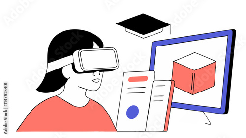 Student Using Virtual Reality Goggles for Learning. Perfect for: EdTech events, virtual learning spaces