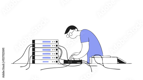 Technician Inspecting Servers. Perfect for: IT offices, data centers