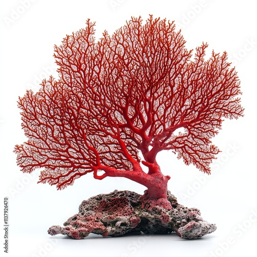 Close up view of pile of red coral beads, on white background photo