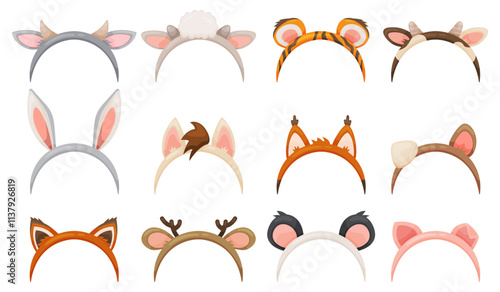 Party animal headbands. Cute kids headwear. Different ears and horns. Photo booth props. Tiger and rabbit. Birthday costume. Holiday accessory. Portrait zoo elements. Recent vector set