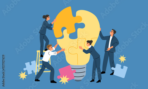 Office staff solve problem. People working together to assemble light bulb from puzzle pieces. Idea development. Successful employees teamwork. Team brainstorming. Garish vector concept